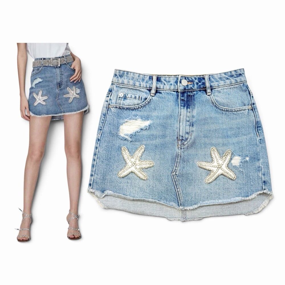 Miss Sixty Sandra Denim Skirt EU XS Starfish Embellished Frayed Hem Y2K Festival